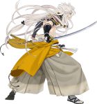  1boy clenched_teeth fingerless_gloves full_body gloves ipev japanese_clothes katana kogitsunemaru long_hair low-tied_long_hair male_focus official_art red_eyes sandals sheath shirtless simple_background sode solo sword tabi touken_ranbu transparent_background very_long_hair weapon 