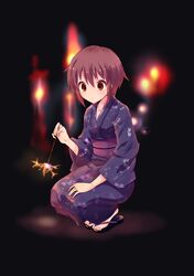  1girl brown_eyes brown_hair fireworks japanese_clothes kimono nagato_yuki nanabuluku short_hair sparkler suzumiya_haruhi_no_yuuutsu yukata 