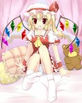 ascot bed blonde_hair blush canopy_bed dress fang feet flandre_scarlet highres open_mouth panties pillow red_dress red_eyes side_ponytail sitting smile socks solo striped striped_panties stuffed_animal stuffed_toy teddy_bear the_embodiment_of_scarlet_devil toni_(artist) touhou underwear upskirt wings wrist_cuffs 