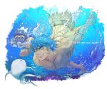  2boys black_hair blue_eyes blue_hair brown_eyes diving diving_mask english fish foam goggles hanamaru_(warasu) komatsu_(toriko) multiple_boys muscle scar shirtless smile toriko toriko_(copyright) toriko_(series) toriko_(toriko) underwater 