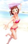  :d amami_haruka barefoot beach beckon beckoning bikini breasts brown_hair cleavage green_eyes hair_ribbon highres idolmaster looking_at_viewer navel open_mouth outstretched_arm outstretched_hand reaching ribbon running short_hair side-tie_bikini smile solo swimsuit ueyama_michirou 