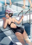  :o ass bare_shoulders barefoot black_hair blue_eyes goggles looking_back one-piece_swimsuit original pool school_swimsuit short_hair submerged swim_cap swimsuit water yokaze_japan 