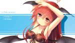  armpits arms_behind_head arms_up bat_wings blush bra breasts cleavage fang front-tie_top head_wings koakuma lingerie long_hair oruton plaid red_bra red_eyes red_hair redhead simple_background smile solo the_embodiment_of_scarlet_devil touhou underboob underwear underwear_only wings 