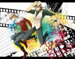  2boys aqua_eyes barnaby_brooks_jr belt blonde_hair bluespeaker boots brown_eyes brown_hair cabbie_hat film_strip glasses hat jacket jewelry jumping kaburagi_t_kotetsu letterboxed male multiple_boys necklace necktie red_jacket short_hair stubble studded_belt tiger_&amp;_bunny vest waistcoat 