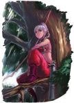  blonde_hair blue_eyes bow bow_(weapon) braid copyright_request midriff pants pink_hair quiver sandals shu-mai single_braid sitting solo tree weapon 