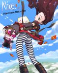  alice_(wonderland) alice_in_wonderland alternate_costume american_mcgee's_alice ass boots brown_hair card cards cloud falling_card foreshortening gloves green_eyes hands nakamura_tetsuya pantyhose pantylines playing_card sky striped striped_legwear wink 
