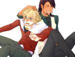  barnaby_brooks_jr belt blonde_hair brown_hair closed_eyes eyes_closed facial_hair glasses green_eyes jacket jewelry kaburagi_t_kotetsu male multiple_boys necklace necktie petting raiha red_jacket short_hair stubble studded_belt tiger_&amp;_bunny vest waistcoat 