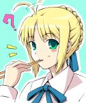  ? ahoge blankasuka blonde_hair casual chopsticks eating fate/stay_night fate_(series) green_eyes hair_ribbon motion_lines ribbon rice saber simple_background solo 