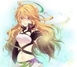  bad_id black_gloves blonde_hair gloves gradient_hair green_hair hyerry long_hair milla_maxwell multicolored_hair outstretched_hand red_eyes skirt smile solo star tales_of_(series) tales_of_xillia touyama_soboro tubetop 