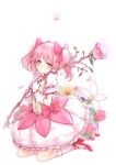  bow bow_(weapon) bubble_skirt floral_background flower food fruit gloves hair_bow high_heels highres kamoto_tatsuya kaname_madoka kneeling magical_girl mahou_shoujo_madoka_magica payot pink_eyes pink_hair pink_rose rose shoes solo strawberry twintails weapon white_background white_gloves 