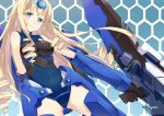  blue_tears blush bodysuit breasts cccpo cecilia_alcott drill_hair gun infinite_stratos leotard long_hair looking_at_viewer mecha_musume pilot_suit purple_eyes smile solo violet_eyes weapon 