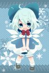  ahoge blue_dress blue_eyes blue_hair bow chibi cirno dress fang hair_bow harusan highres open_mouth smile snowflakes solo touhou v_arms wings 