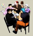  beer_mug black_hair blue_hair boned_meat chair coco_(toriko) crossed_arms cup eating food food_on_face green_hair hamburger holding komatsu_(toriko) long_hair meat mee mug multicolored_hair multiple_boys muscle open_mouth plate shirt silver_hair simple_background sitting sleeves_rolled_up sunny_(toriko) table toriko toriko_(copyright) toriko_(series) tray tripping zebra_(toriko) 