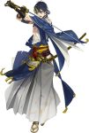 1boy arm_out_of_sleeve black_gloves blue_hair dirty gloves hakama ipev japanese_clothes katana male_focus mikazuki_munechika official_art open_mouth sandals sayagata sheath short_hair simple_background solo sword tabi torn_clothes touken_ranbu transparent_background weapon 