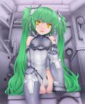  barcode bare_shoulders bodysuit boots elbow_gloves gloves green_hair long_hair open_mouth original science_fiction sitting solo thigh-highs thigh_boots thighhighs twintails yellow_eyes 