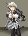  artist_request assault_rifle battle_rifle bipod blonde_hair boots breasts brown_eyes corset crossed_legs enoshima_iki fingerless_gloves glasses gloves gun large_breasts long_hair m14 military mk_14_mod_0_ebr original rifle scarf scope sitting smile sniper_rifle source_request taut_shirt twintails weapon wink 