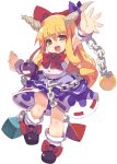  bottle bow chain chains chibi gourd hair_bow horn_ribbon horns ibuki_suika open_mouth orange_hair ribbon sake shackle shirt skirt sleeveless sleeveless_shirt smile solo touhou yellow_eyes zankuro 