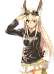  arm_up blonde_hair blue_eyes goggles goggles_on_head hanna-justina_marseille head_wings long_hair military military_uniform sandwich_(artist) skirt smile solo strike_witches tail uniform 