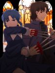  black_key blue_eyes blue_hair brown_eyes brown_hair ciel coat cross cross_necklace fate/stay_night fate_(series) habit itou_(mogura) kotomine_kirei stained_glass tsukihime type-moon 