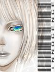  akubi_(fyfy) android aqua_eyes barcode blue_eyes blurry close-up eyelashes face ghost_in_the_shell green_eyes hadaly innocence lips multicolored_eyes pale_skin short_hair solo title_drop white_hair 