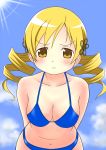  arms_behind_back bare_shoulders bent_over bikini blonde_hair blue_bikini blush breasts cap_(artist) cleavage drill_hair hair_ornament halterneck large_breasts leaning_forward mahou_shoujo_madoka_magica midriff navel pout solo swimsuit tomoe_mami wavy_mouth yellow_eyes 