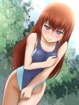 awa blue_eyes blush brown_hair competition_swimsuit covering embarrassed leaning_forward long_hair makise_kurisu one-piece_swimsuit steins;gate swimsuit 