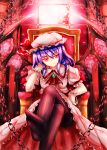  90i ascot bat_wings blue_hair chain chains crossed_legs dress hat legs_crossed red_eyes remilia_scarlet short_hair sitting smile solo throne touhou wings 