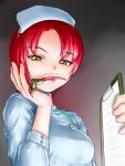  breasts claws clipboard finger_licking green_eyes grin hat licking my-hime name_tag nurse nurse_cap red_hair redhead smile tongue yuuki_nao 