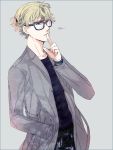  alternate_hairstyle bad_id barnaby_brooks_jr blonde_hair blue_eyes coat finger_to_mouth glasses male ponytail short_hair shushing solo tiger_&amp;_bunny yos_(artist) 