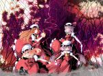  :p blonde_hair blue_hair braid breasts cosplay dress electricity fireball flandre_scarlet flandre_scarlet_(cosplay) four_of_a_kind_(touhou) full_moon gloves grin hat highres hong_meiling izayoi_sakuya knife long_hair meracle moon multiple_girls red_eyes red_hair redhead remilia_scarlet ribbon siblings side_ponytail silver_hair sisters smile throwing_knife tongue touhou twin_braids weapon 