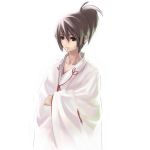  brown_hair collarbone japanese_clothes kimono koharu_nosuke miko original ponytail simple_background solo white white_background yukata 