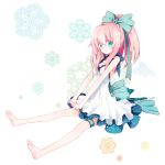  bare_shoulders barefoot blue_eyes bow dress hair_bow koto_(colorcube) long_hair original payot pink_hair ponytail sitting solo thigh_strap 