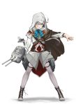 1girl ahoge asashimo_(kantai_collection) assassin&#039;s_creed cape cosplay cross-laced_footwear entman ezio_auditore_da_firenze_(cosplay) full_body grey_eyes grin hair_over_one_eye hidden_blade kantai_collection outstretched_arm pantyhose silver_hair smile solo 