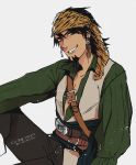  bandana belt brown_eyes brown_hair cosplay earrings facial_hair hirata_hiroaki jack_sparrow jack_sparrow_(cosplay) jewelry kaburagi_t_kotetsu male nazu_ojisan pirate pirates_of_the_caribbean seiyuu_connection solo stubble tiger_&amp;_bunny vest 