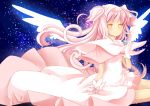  dress gloves goddess_madoka grief_seed hair_bow hair_ribbon kaname kaname_madoka kenneos long_hair madoka magi magica magical_girl mahou_shoujo_madoka_magica pink_hair ribbon sitting smile solo space spoilers star_(sky) twintails ultimate_madoka very_long_hair white_gloves wings yellow_eyes 