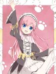  1girl alternate_costume alternate_hairstyle arm_up blue_eyes blush blush_stickers bow cccpo headdress lolita_fashion long_hair open_mouth paw_print pink_hair ribbon sherlock_shellingford smile tantei_opera_milky_holmes 