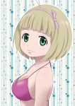  ao_no_exorcist bare_shoulders bikini bikini_top blonde_hair breasts cap_(artist) cleavage green_eyes hairband moriyama_shiemi short_hair solo strap_gap swimsuit 