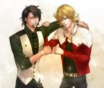  barnaby_brooks_jr belt blonde_hair brown_hair facial_hair fist_bump glasses green_eyes hand_on_shoulder highres injury jacket jewelry kaburagi_t_kotetsu male multiple_boys necklace necktie pin red_jacket short_hair stubble studded_belt tiger_&amp;_bunny vest waistcoat watama 