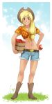  applejack bare_legs belt blonde_hair boots bucket cowboy_boots cowboy_hat denim denim_shorts food freckles front-tie_top fruit green_eyes hand_on_hip hat high_heels hips human long_hair low-tied_long_hair meago midriff my_little_pony my_little_pony_friendship_is_magic navel object_namesake personification plaid ponytail shoes short_shorts short_sleeves shorts smile solo tan tied_shirt western 