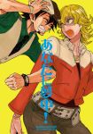  bad_id barnaby_brooks_jr belt blonde_hair boots brown_hair cabbie_hat facial_hair glasses green_eyes hand_on_hat hat hips jacket jewelry kaburagi_t_kotetsu laughing locked_arms male miumiu-t multiple_boys necklace necktie red_jacket short_hair stubble studded_belt tiger_&amp;_bunny vest waistcoat watch wristwatch 