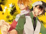  back-to-back barnaby_brooks_jr blonde_hair blue_eyes brown_eyes brown_hair cabbie_hat duo facial_hair glasses green_eyes hat jacket jewelry kaburagi_t_kotetsu male multiple_boys necklace necktie red_jacket shihage short_hair star stubble tiger_&amp;_bunny vest waistcoat 