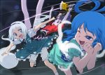  ah-negitorow battle bloomers blue_eyes blue_hair blush ghost hair_rings hair_stick hairband hat hitodama jiangshi kaku_seiga katana konpaku_youmu konpaku_youmu_(ghost) miyako_yoshika multiple_girls ofuda open_mouth pale_skin short_hair silver_hair skirt smile sword touhou vest weapon wink 