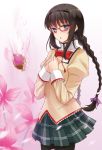  :o akemi_homura black_hair black_legwear blue_eyes blush bow braid floral_background flower glasses hairband hands_on_own_chest hands_to_chest long_hair looking_at_viewer mahou_shoujo_madoka_magica pantyhose plaid plaid_skirt prime red-framed_glasses revision school_uniform skirt solo soul_gem spoilers twin_braids underwater 
