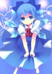  (21)suke bad_id barefoot blue_eyes blue_hair bow cirno dress hair_bow highres mihatarou skirt_hold smile solo touhou wings 