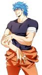  abs bandage bandages blue_hair fangs grin muscle scar simple_background smile solo t-shirt toriko toriko_(copyright) toriko_(series) white_background 
