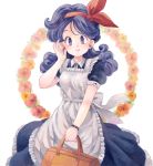  1girl adjusting_hair apron bag blue_eyes blue_hair blush curly_hair dragon_ball drawr dress floral_background flower hair_ribbon holding_bag johnny long_hair looking_at_viewer lunch_(dragon_ball) puffy_short_sleeves puffy_sleeves ribbon short_sleeves smile solo 