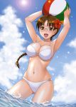  arms_up ball beachball bikini braid breasts brown_eyes brown_hair cloud flower glasses hair_flower hair_ornament hibiscus hida_tatsuo hoshina_tomoko large_breasts lens_flare navel o-ring_bottom o-ring_top ocean skindentation sky swimsuit thighs to_heart underboob wading water white_bikini 