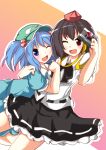  black_hair blue_eyes blue_hair brown_hair camera hair_bobbles hair_ornament hat kawashiro_nitori multiple_girls red_eyes shameimaru_aya shiraha_(orega-gandamud) short_hair skirt smile tokin_hat touhou twintails wink 