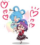  &gt;_&lt; beret blue_dress blue_hair blush chibi closed_eyes dress eyes_closed hair_rings hair_stick hand_on_head hat heart jiangshi kaku_seiga massala miyako_yoshika multiple_girls ofuda open_mouth outstretched_arms purple_hair smile touhou vest zombie_pose 