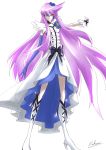  asymmetrical_clothes asymmetrical_clothing bad_anatomy blue_eyes boots cure_moonlight dress elbow_gloves flower gloves hair_flower hair_ornament heartcatch_precure! high_heels highres long_hair magical_girl nukosann precure purple_hair shoes single_elbow_glove single_glove solo tsukikage_yuri 